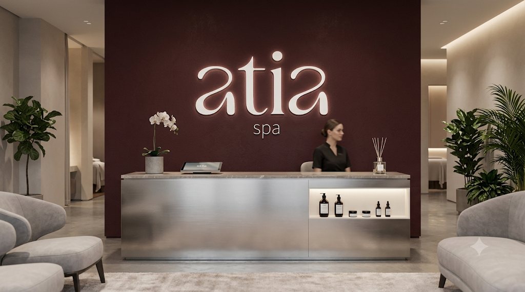 Recepción de Atia Spa con el logotipo iluminado sobre muro borgoña
